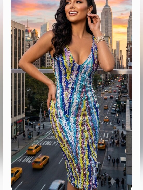 Angel Brinks Dresses & Skirts - Angel Brinks Multicolor Sequin V-Neck Glitter Sparkle Embellished Dress Size M